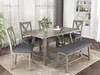 US STOCK 6 Piece Gray Dining Table Set Wood Dining and chair Kitchen Table Set with Table Bench and 4 Chairs Rustic Style SH000109AAE