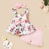 NOWOŚĆ 2020 Baby Girl Ubrania Set Summer Toddler Kids Floral Rleeveless Bow Bow Shorts Opaska na głowę 3PCS Ubranie dla niemowląt Ustaw dziewczyny Stroje 5652155