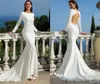 Glamouröses weißes Satin-Hochzeitskleid in Übergröße, lange Ärmel, Rückenloch, einfacher Reißverschluss mit Knöpfen, Mermiad-Brautkleider