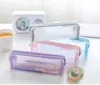 Skolan Mesh Pencil Box Väska Väskor Kawaii Gullig Fast Färg Transparent Skolstudent Supplies Lapis Stationery Storage Väskor