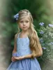 Ny Sky Blue Flower Girls Dresses for Wedding High Low Birthday Party Spaghetti Straps Lace med blommor Boho Tiered First Communion Dress