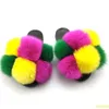 Hot sale-Pom Pom Fur Slides Women Fur Slippers Furry Flip Flop Ladies Cute Fluffy Ball Flat Sandals Real Raccoon Rainbow Shoes