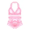 Męska Sissy Crossdresser Suit Satin Freullle Ruffled Lingerie Set Bra Tops With Knicks Bloomers Briefs Gay Bielizna Set281L