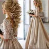 Pretty A Line Champagne Long Wedding Dresses With Ivory Lace Appliques Sexy Illusion Bodice Half Sleeve Sheer Jewel Neck Bridal Gowns