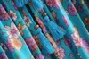2020 Boho Tassel Sznurowanie W Górę V Neck Lokalizacja Kwiat Drukuj Krótki Sukienka Blue Hippie Kobieta Strappy Długi Rękaw Wakacje Suknie Plaża