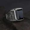 Prawdziwe czyste 925 Sterling Silver Mens Pierścienie z czarnym Onyx Kamienne pierścionki Kamienne Retro Kwiat Grawerowane Punk Rock Vintage Biżuteria 210312