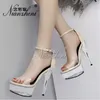 Summer New style Hollow Open Toe 17cm Stiletto heels Buckle strap Thick platform Nightclub Stripper 7 inches Women's Sandals Hot