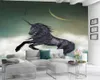 3D Hayvan Duvar Kağıdı Modern Ev Dekorasyon Duvar Kağıdı Uçan Siyah Unicorn Özel Fotoğraf 3D Duvar Kağıdı Mural