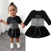 2 st mode barn baby tjejer klänning kläder set 2020 nytt brev tryck långärmad klänning spets upp midjeband outfits kläder 1-6t
