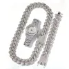 Män hip hop iced out tennis kedja halsband armband klocka armbandsur set lyx rostfritt stål män kubanska länk smycken 2020