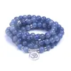 Smooth Blue Aventurine Pärlor 108 Mala Armband Natursten med Lotus, Buddha, Om Charms Kvinnor Män Meditation Smycken