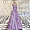 Robe de bal violette brillante, longue, à paillettes, ligne a, jolie robe de soirée pour filles, bretelles élégantes, dos nu, avec poche