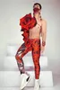 Valentine's Day Party Show Men Women Group Dance Costume Red Rose Flower Crystals Bodysuit Nightclub Bar DJ Dancer Stage Wear175f