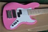 6 Strings Pink Body Electric Bass Guitar with White Pearl Inlay,Chrome Hardware,Maple Fingerboard,Can be customized