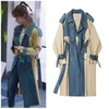 2020 Vår New Fashion Long Denim Splice Trench Coat Women Double Breasted High Quality Windbreaker Women Slim Outerwear E00071