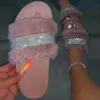 Femmes fourrure pantoufles femme fourrure diapositives femmes paillettes Bling plat femme arc-en-ciel couleur chaussures en gros livraison directe 2020