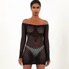Off The Shoulder See Through Mini Dress Sexy Hollow Out Fishnet Grid Full Sleeve Bodycon Mini Dresses Hot Clubwear Lady Vestido