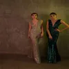 Sexy Meerjungfrau-Abendkleider mit hohem V-Ausschnitt, ärmellos, glitzernde Pailletten, formelle Partykleider, Sweep-Zug, maßgeschneidertes Abendkleid