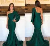 Verde escuro elegante Mermaid Evening vestidos longos de cetim de um ombro plissado formais Vestidos Prom Party Dress Evening Wear Robe De Soiree