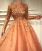 Orange New Arrival Sheer Long Sleeves Evening Lace Appliques Tulle Prom Gowns Celebrity Dresses Party Wear Robes De Soire Vestidos