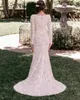 Abiti da sposa modesti a sirena in pizzo vintage con maniche lunghe scollo a V Fodera rosa arrossata Abiti da sposa occidentali in pizzo avorio LDS