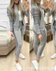 Wepbel mulheres xadrez top jacket + calças elásticas Novo cinza mosaico xadrez casual terno roupas conjunto 2pcs roupas terno Y0506