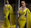 Lemon luxo cristal Mermaid Formal Vestidos Com Manto Uma completa Mangas Colarinho alto frisado longa Prom vestidos vestidos de noiva