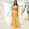 Bright Yellow Evening Dress Butterfly Chest Love Gold 3D Appliques Girl Gown Women Long Fashion Straps Sexy V Neck Party Dress