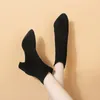 2020 Vinterkvinnor Stövlar Fashion Slip-On Black Mid-Calf Boots Spetsade Toe Suede-High Heel Square-Heel Women's Botas Mujer1