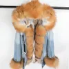 Vinter Natural Fox Fur Big Fur Collar Denim Loose Fashion Fur Avtagbar Lining Park Gädda Läderjacka Kvinnors Slitage