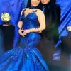 New Customize Royal Blue Evening Dresses High Neck Long Sleeves Lace Appliques Evening Gowns Plus Size Satin Mermaid Formal Wear