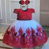 Red Lace Ball Gown Beaded Flower Girl Dresses For Wedding Pearls Backless Pageant Gowns Floor Length Tulle First Communion Dress