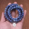 Smooth Blue Aventurine Pärlor 108 Mala Armband Natursten med Lotus, Buddha, Om Charms Kvinnor Män Meditation Smycken