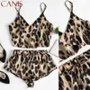 2020 New Sexy Ladies 2pcs Women Leopard Style Summer Satin Lace Sleepwear Suit Babydoll Lingerie Nightdress Pajamas Set