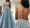 Ice Blue Sheer Keyhole Evening Dresses Lace Appliques Backless Beads Sequins Pleats Formal Dresses Evening Wear Gowns Prom Dress Robes