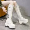 Fasion Cross Strap Botas de Plataforma Chunky Mulheres Fivela Dupla Buckle High Botons Botas High Boots Mulheres Pu Couro Long Botas