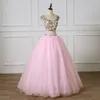 Rosa-line A Prom Dresses Quinceanera duas peças cristais coloridos Beading Criss Cross Backless Tulle Princesa graduação Pageant vestido longo