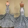 Nigeria Afrika Mermaid Evening Dresses Sexig Halter Deep V Neck Backless Prom Klänning Silver Elegant Virkade Sequins 3D Floral Party Gown 2021