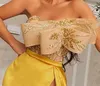 2020 Arabic Aso Ebi Gold Luxurious Sexy Evening Beaded Crystals Prom Dresses High Split Formal Party Second Reception Gowns ZJ255