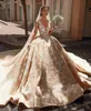 Luxus Kathedrale Länge Brautkleider Champagner Spitze Applizierte Tiefem V-ausschnitt Brautkleider Plus Größe 2021 vestido de novia