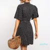 Gorąca Sprzedaż Polka Dot Sukienka Kobiety Lato Boho Plaża Mini Dress Casual Krótki Rękaw Panie Biuro Elegancka Dress Vestido Mujer Odzież damska