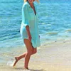 KLV Dames strand shirt dunne badpak bikini cover up robe tuniek shirt v-hals zomer solid boyfriend stijl wit groen zwart1