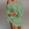 Casual Dresses Off Shoulder Lantern Sleeve Knit Sweater Dress Ladies Mini Long Kjol 2021 Fall Winter Women315Z