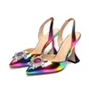 Sukienka Buty 2021 Rainbow Color Kobiet Sandały Szpilki Palec Słońce Styl Rhinestone Wysokie Obcasy Poszeńskie Spike Heel Slingback Pumps1