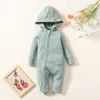 Nouveau-né bébé garçons fille 018M coton fermeture éclair manches longues à capuche barboteuse enfants couleurs unies combinaison Bebe Playsuit9982236