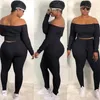 Sexy Plus Size Two Piece Tracksuits Off Shoulder Crop Top & Lace Up Pants Tracksuit Fall Women Clothing Streetwear Matching Sets