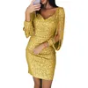 Klänning Kvinnor Plus Storlek 4XL Multi-Color Sexig V-Hals Solid Sequined Stitching Shining Club Cloth Long Sleeved Party Mini Dress