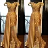 Gold Off Shoulder Prom Dresses Lace Applicaties Senue Door Avondjurken Ruffles Satijn Formele Party Jurk