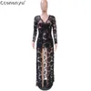 2020 Mulheres V-Pescoço Lace Hollow Out Dress Spring Long Maxi Dress Sexy Manga Completa Bodycon Night Club Club Festa Bandage Vestidos