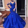 New Customize Royal Blue Evening Dresses High Neck Long Sleeves Lace Appliques Evening Gowns Plus Size Satin Mermaid Formal Wear238I